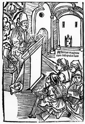 Portret Albertusa Magnusa z kilkoma jego uczniami, ilustracja do karty tytułowej Epitomaty, reparacji, czyli całej filozofii przyrody Arystotelesa. Gerardus de Harderwyck, opublikowany 14