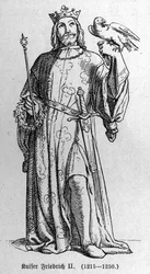 Portret Fryderyka II Hohenstaufa (1194-1250), króla Świętego Cesarstwa Rzymskiego. Rycina w «Kaiser, König und Papst» Richarda Rotha