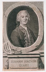 Portret Johanna Joachima Quantza (1697-1773) sztychowany przez Johanna Schleuena (fl.1740-74)