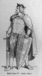 Portret Ottona z Brunszwiku (1174/1182-1218), niemieckiego cesarza rzymskiego i króla Włoch. Grawerowanie w „Kaiser, Konig und Papft” autorstwa Richarda Rotha