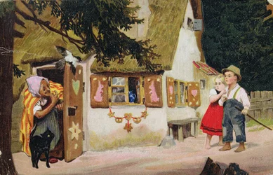 Pocztówka przedstawiająca wiedźmę zapraszającą Jaś i Małgosia do piernika, ok. 1910