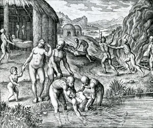 Quibus remediis contra morbos utantur Indiani, ilustracja zaczerpnięta z "Pars Decima Americae" opublikowanego przez Hieronymousa Gallera.