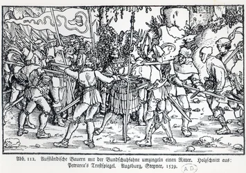 Zbuntowani chłopi otaczający rycerza, od ilustracji do Trostspiegel Petrarki, 1539