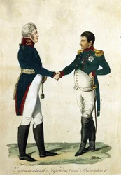 Spotkanie Napoleona (1769-1821) i cara Aleksandra I (1777-1825). (Spotkanie Napoleona i Aleksandra I). Anonimowa praca, grawerowanie i akwarela