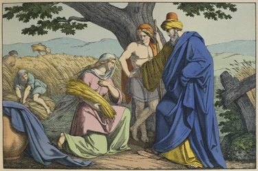 Ruth and Boaz, ilustracja z LAncien Testament, wyd. Jakob Ferdinand Schreiber, Esslingen (kolorowe grawerowanie)