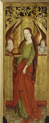 Sainte Barbe lub Barbe Wielki Męczennik (III wiek). (św. Barbara). Niosąc na płaskowyżu wieżę z trzema oknami. Obraz mistrza westfalskiego (czynny w latach 1470-1480), olej na drewnie, ok. 1470-1480. sztuka niemiecka