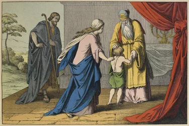 Samuel i Eli, ilustracja z LAncien Testament, wydana przez Jakoba Ferdinanda Schreibera, Esslingen (kolorystyka)