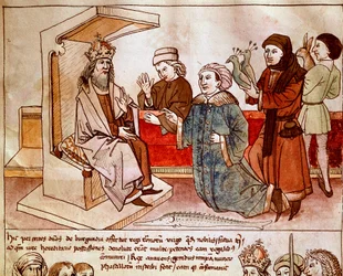 Zygmunt I Luksemburczyk (1368-1437), cesarz Świętego Cesarstwa otrzymuje daninę ludów uległych. Miniatura z „Kroniki soboru w Konstancji” Ulricha Richentala (1360-1437) 1438 ok. Praga, biblioteka narodowa