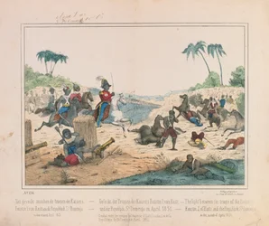Potyczka między wojskami cesarza Faustyna I Haiti i Republiki Dominikańskiej Santo Domingo w kwietniu 1851 r., gazetka obrazkowa opublikowana przez Fried. Schulz Verlag, Stuttgart, 1851