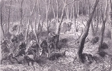 Potyczka w lasach pod Paryżem, Cassells History of the War between France and Germany, wydana przez Cassell and Company Limited, c.1890 (lito)