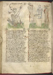 Sloane 361, f.25v Podniesienie Krzyża; Jubal i Tubal-Kain, z „Speculum Humanae Salvation” (tusz i kolor na welinie)