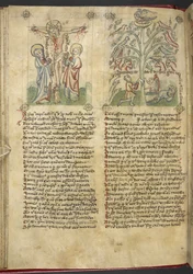 Sloane 361, f.26v Nabuchodonozor widzi we śnie drzewo; Ukrzyżowanie, z „Speculum Humanae Salvation” (tusz i kolor na welinie)