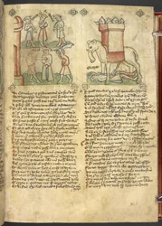 Sloane 361, f.27 Król Codrus oddaje się na śmierć dla swojego ludu, a Eleazar Machabeusz dźga słonia i zostaje przez niego zmiażdżony, z „Speculum Humanae Salvation” (atrament i kolor na welinie)