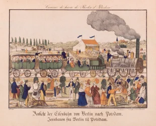 Kolej parowa między Berlinem a Poczdamem, Neuruppiner Bilderbogen, ok. 1840 r.