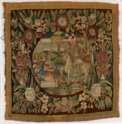 Gobelinowa poszewka na poduszkę przedstawiająca Dawida i Abigail, Samuela XXV, wykonana prawdopodobnie w Hamburgu, Niemcy, ok. 1615 r. (wełna)