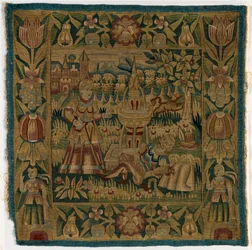 Pyramusta ja Thisbeä kuvaava tapettityynynpäällinen, valmistettu Hampurissa, Saksassa, n. 1615 (villa)kiillotus