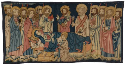 Panel gobelinowy przedstawiający Śmierć Dziewicy, ze środkowej Nadrenii, prawdopodobnie Trewiru, połowa XV w. (wełna)