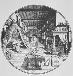 Alchemik w swoim laboratorium z Amphitheatrum Aeternae Sapientiae Heinricha Kunratha (1609) zilustrowany w historii magii wydanej pod koniec XIX wieku