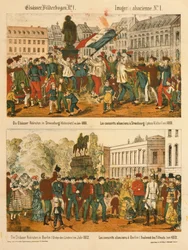Rekruci z Alzacji w Strasburgu (Kleberplatz) w 1869 iw Berlinie (Under den Linden) w 1872, z Elsaesser Bilderbogen, opublikowane przez A. Schneidera, Strasburg, 1873