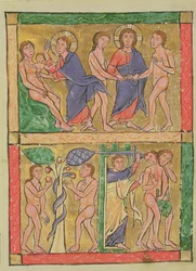 Stworzenie, małżeństwo, pokusa i wypędzenie Adama i Ewy, 1200 (wc na welinie)