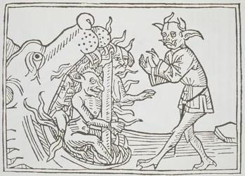 Diabeł Belial przed bramami piekieł, z Das Buch Belial, opublikowany w Augsburgu, 1473