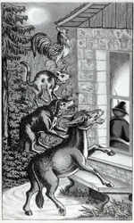 Cztery zwierzęta krzyczące do okna, ilustracja do Muzyków z Bremy, bajka braci Grimm