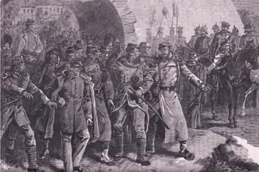 Armia francuska opuszczająca Metz, Cassells History of the War between France and Germany wydana przez Cassell and Company Limited, c.1890 (lito)
