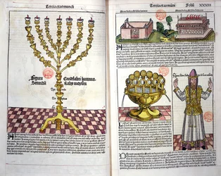 Menora i ksiądz hebrajski, z Kroniki norymberskiej Hartmanna Schedla (1440-1514) 1493 (kolorowy drzeworyt)