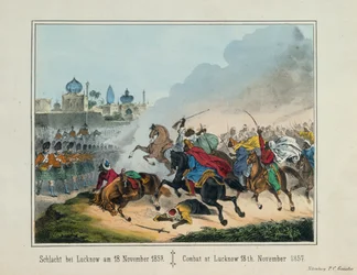 Oblężenie Lucknow w stanie Uttar Pradesh podczas indyjskiej rebelii w 1857 r., ilustrowana gazeta opublikowana przez P.C. Geissler, Norymberga, 1857