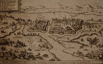 Oblężenie Zolnock przez Turków w 1552 r., ilustracja z książki o kampaniach osmańskich w Europie, rytowana przez Paula Fursta (ok. 1605-66) (rycina)