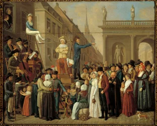 Uliczne przedstawienie Stage Scene z udziałem muzyków i komików. Malarstwo Szkoły Niemieckiej XIX wieku. Paryż, Musee Cognacq Jay