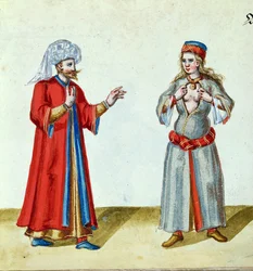 Turek i kurtyzana, koniec XVI w. (wc, złocony i gwasz na papierze)