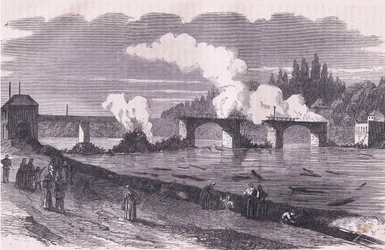 Obrona Paryża-płonący most Asnieres, Cassells History of the War between France and Germany opublikowany przez Cassell and Company Limited, c.1890 (lito)