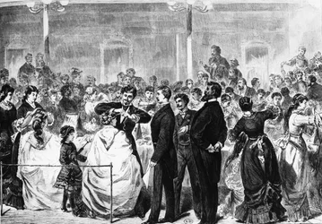 Egzamin praktykantów w Tonhalle w Berlinie przez komisję przemysłu fryzjerskiego 3 maja 1881 r.