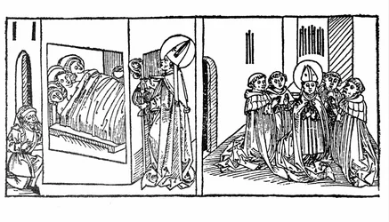 Przebudziło się życie św. Mikołaja. Grawer z „Leben der Heiligen - sommerteil” (Księga świętego) Jakuba (Jakuba) z Voragine (1228-1298). Lubeka 1488.