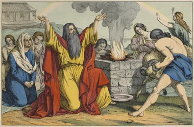 Ofiara Noego, ilustracja z LAncien Testament, wyd. Jakob Ferdinand Schreiber, Esslingen (kolorystyka)