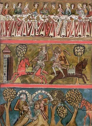 Trzy sceny z Parsifala Wolframa von Eschenbacha (zm. 1230) faksymile z XIII-wiecznego rękopisu