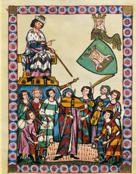 Trubadurzy przed cesarzem Niemiec i jego dworem, z „Kodeksu Manesse” (welum)