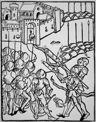 Używanie broni krótkiej w XV wieku, ilustracja z „Rudicum Novitiorum”