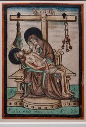 Vesperbild (Lamentacja), drzeworyt akwarelowy niemieckiego rytownika, ok.1450. Na krzyżu wiszą symbole Męki Pańskiej.