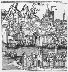 Widok Bazylei, ilustracja z Kroniki Norymberskiej autorstwa Hartmanna Schedla (1440-1514) 1493