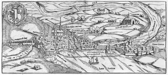 Widok Genewy, z Cosmographie Universelle autorstwa Sebastiena Munstera (1488-1552) Bazylea, opublikowany 1559