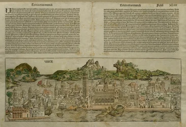 Widok Wenecji, ilustracja z Liber Chronicarum autorstwa Hartmanna Schedla (1440-1514) wydana w Norymberdze, 1493