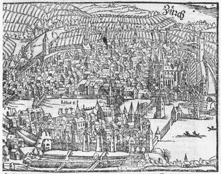 Widok Zurychu, z Cosmographie Universelle autorstwa Sebastiena Munstera (1488-1552) Bazylea, opublikowany 1559
