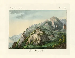 Widok na górę Athos (kolorowy grawerunek)