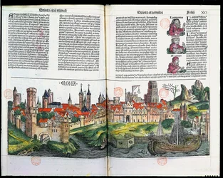 Widok miasta Kolonia z Kroniki Norymbergi Hartmanna Schedla, 1493 (kolorowy drzeworyt)