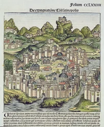 Widok otoczonego murami miasta Konstantynopola, z Kroniki Norymberskiej autorstwa Hartmanna Schedla (1440-1514) 1493 (pustak)