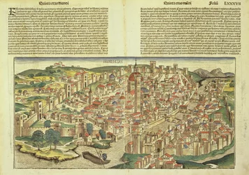 Widok otoczonego murami miasta Florencji, z Kroniki Norymberskiej autorstwa Hartmanna Schedla (1440-1514) 1493