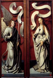 Dziewica Maryja i Anioł Zwiastowania Rewers trypsynicznych części Adoracji Trzech Króli. Anonimowy obraz Szkoły Niemieckiej. XV-wieczne Egouen, Narodowe Muzeum Renesansu