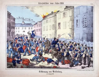 Wojna 1870 r.: Zdobycie Wissembourga (bitwa pod Weißenburgiem) między żołnierzami armii pruskiej i francuskiej 4 sierpnia